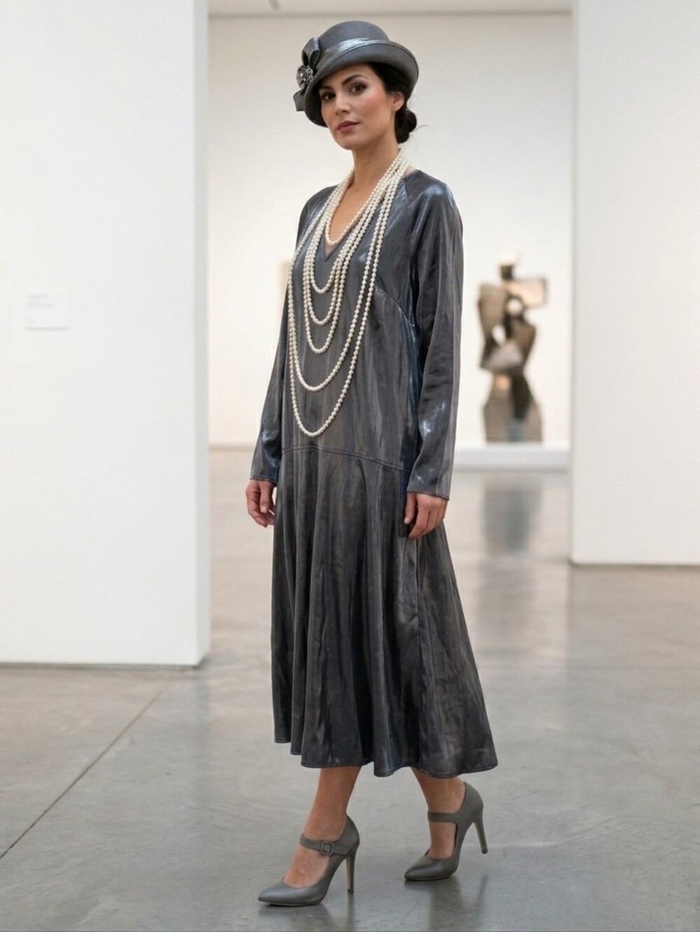 H&M Metallic Gray V-Neck Long Sleeve Midi Dress